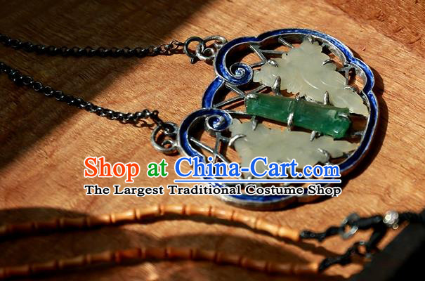 Handmade China National Jade Bamboo Necklace Pendant Traditional Silver Jewelry Qing Dynasty Blueing Accessories