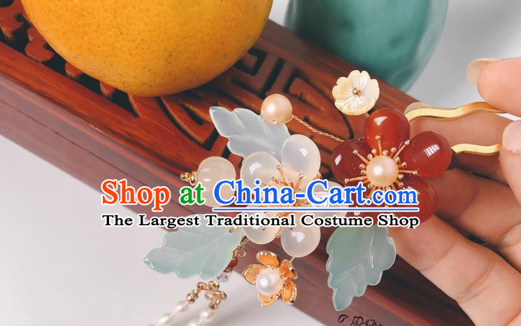 China Hanfu Hair Stick Traditional Ancient Princess Pearls Tassel Hairpin Agate Plum Blossom Hair Accessories