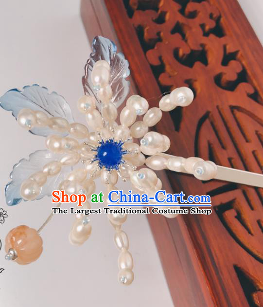 China Traditional Pearls Chrysanthemum Hair Stick Ancient Princess Hairpin Qing Dynasty Court Hair Accessories