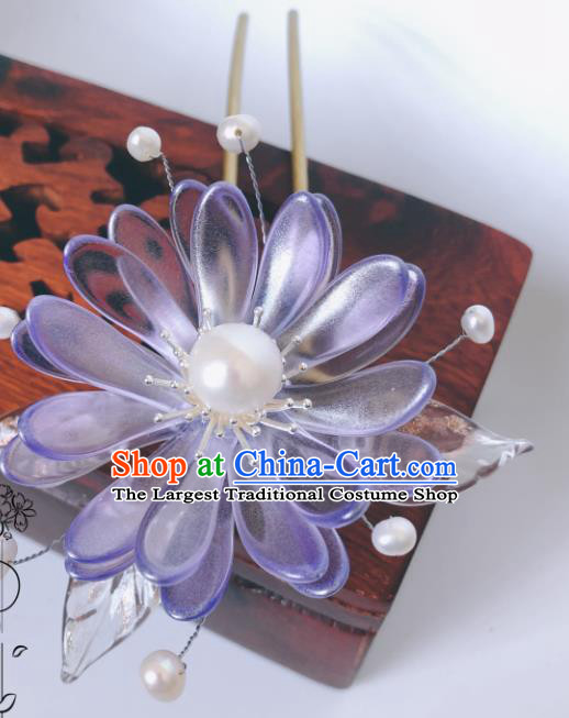 China Traditional Hanfu Hair Stick Qing Dynasty Palace Hair Accessories Ancient Court Lady Violet Chrysanthemum Hairpin