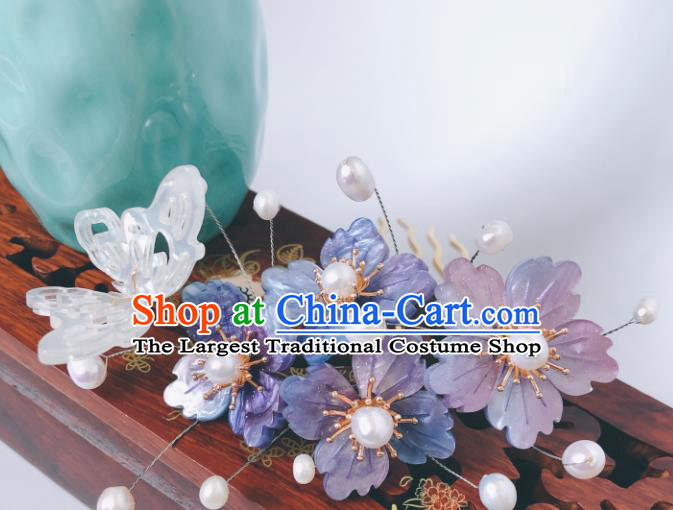 China Traditional Hanfu Hair Accessories Ancient Court Lady Shell Butterfly Hairpin Qing Dynasty Purple Flowers Hair Comb