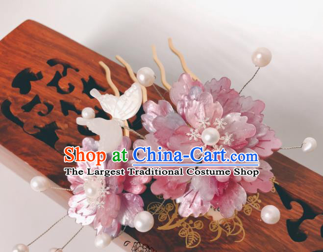 China Ancient Court Lady Shell Butterfly Hairpin Traditional Hanfu Hair Accessories Qing Dynasty Pink Peony Hair Comb