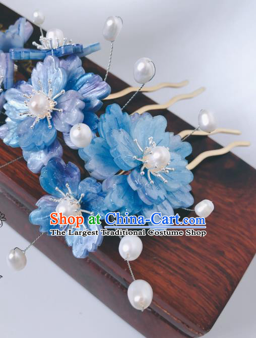 China Ancient Princess Shell Butterfly Hairpin Song Dynasty Blue Flowers Hair Comb Traditional Hanfu Court Hair Accessories