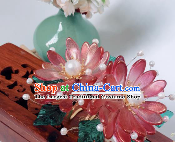 China Song Dynasty Princess Red Chrysanthemum Hair Comb Traditional Hanfu Hair Accessories Ancient Court Hairpin