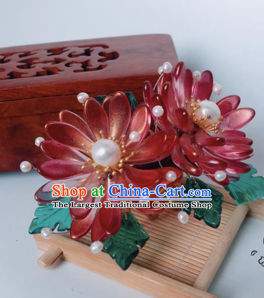 China Song Dynasty Princess Red Chrysanthemum Hair Comb Traditional Hanfu Hair Accessories Ancient Court Hairpin