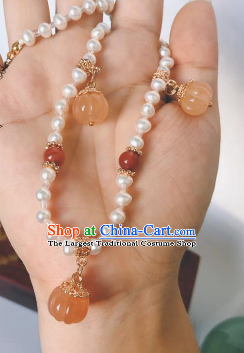 China Traditional Ancient Princess Jade Pumpkin Necklace Handmade Pearls Jewelry Accessories