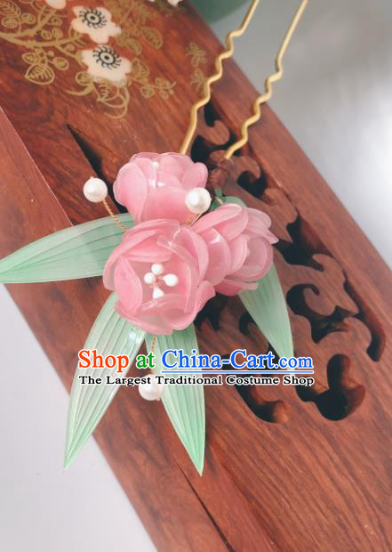 China Ming Dynasty Young Lady Hair Stick Traditional Hanfu Hair Accessories Ancient Princess Pink Begonia Hairpin