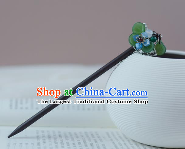 China Cheongsam Green Flower Hairpin Hanfu Wood Hair Stick Traditional Hair Accessories