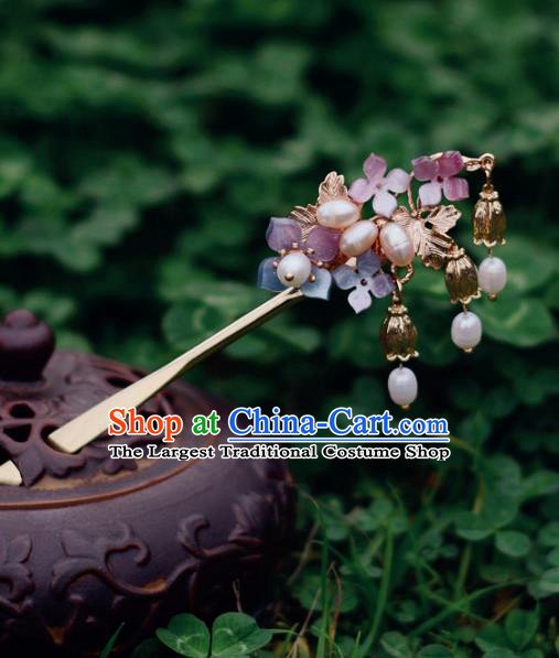 China Handmade Hydrangea Hairpin Traditional Hair Accessories Classical Cheongsam Pearls Hair Stick