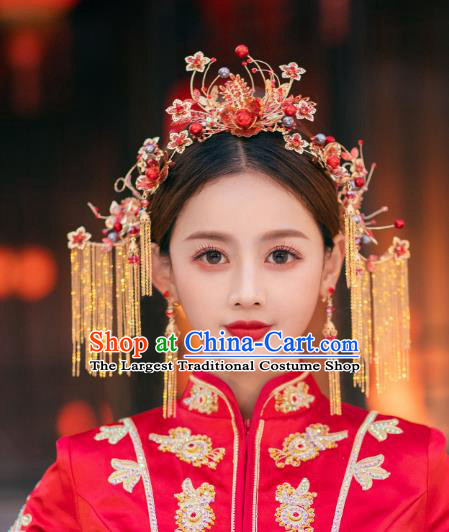 China Bride Red Flowers Hair Crown Traditional Wedding Hair Accessories Handmade Xiuhe Suit Tassel Phoenix Coronet