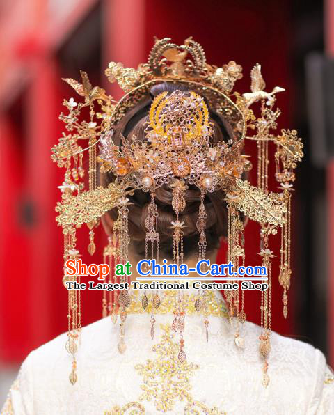 China Traditional Wedding Hair Accessories Handmade Xiuhe Suit Golden Phoenix Coronet Bride Tassel Hair Crown