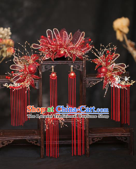 China Handmade Red Silk Hair Comb Traditional Wedding Xiuhe Suit Headwear Bride Hair Accessories Tassel Hairpins Complete Set