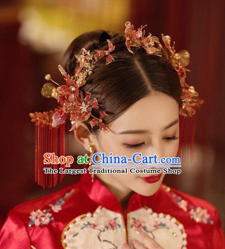 China Handmade Red Flower Hair Comb Tassel Hairpins Traditional Wedding Xiuhe Suit Headwear Bride Hair Accessories Complete Set