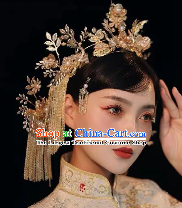 China Handmade Golden Hair Crown Tassel Hairpins Traditional Wedding Bride Xiuhe Suit Headwear Complete Set