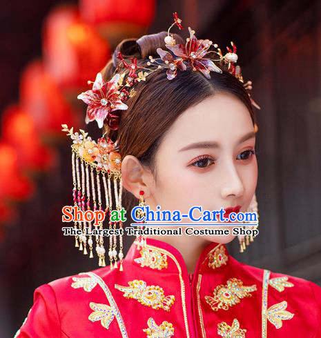 China Traditional Red Flower Hair Comb and Tassel Hairpins Wedding Bride Hair Jewelry Handmade Xiuhe Suit Hair Accessories Full Set