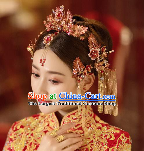 China Bride Hair Crown and Hairpins Tassel Hair Sticks Traditional Wedding Hair Accessories