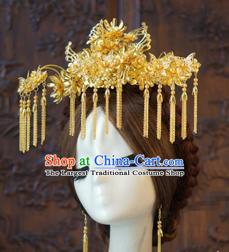 China Traditional Wedding Hair Accessories Ancient Bride Tassel Hairpins Golden Phoenix Coronet Full Set