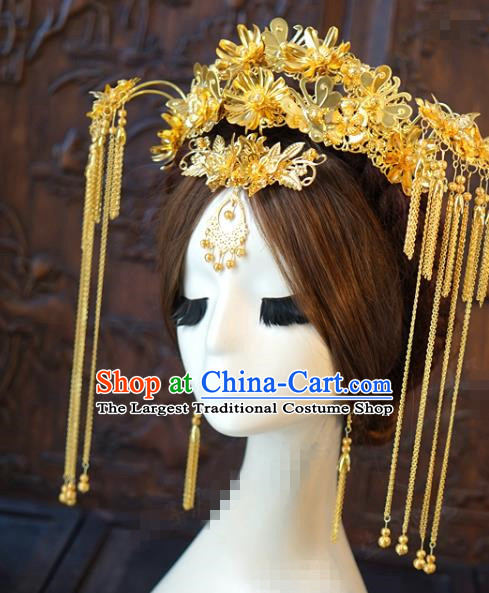China Traditional Wedding Hair Accessories Ancient Bride Tassel Hairpins Golden Phoenix Coronet Full Set