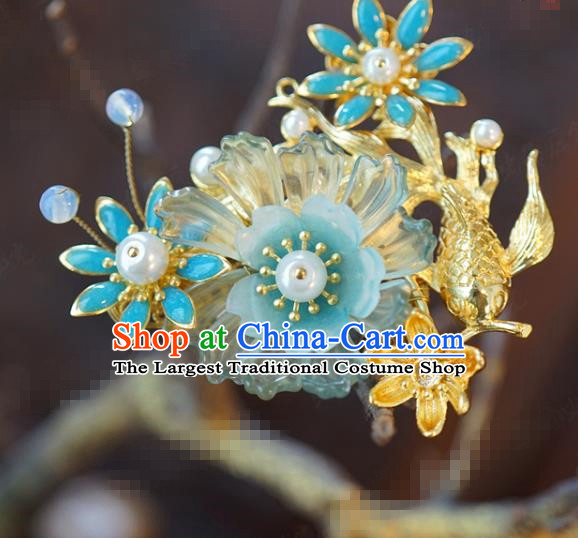 China Traditional Blue Flowers Hair Comb Wedding Xiuhe Suit Hair Accessories Bride Fish Hair Stick