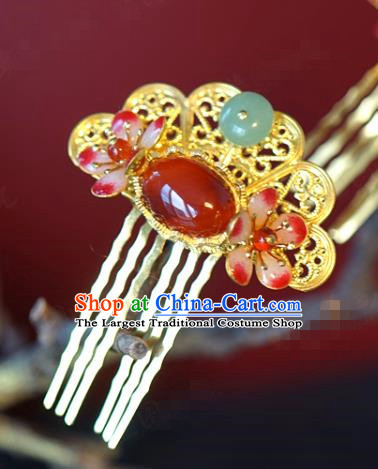 China Traditional Agate Plum Hair Comb Wedding Xiuhe Suit Hair Accessories Bride Golden Hair Stick