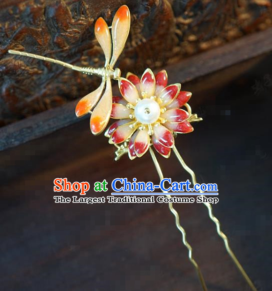 China Traditional Bride Hairpin Xiuhe Suit Hair Accessories Wedding Enamel Dragonfly Flower Hair Stick