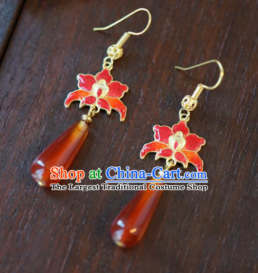 Top Grade Traditional Red Lotus Ear Accessories China Ancient Court Empress Earrings Jewelry