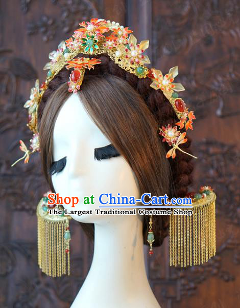 China Ancient Bride Enamel Hair Crown and Tassel Hairpins and Earrings Traditional Wedding Hair Accessories Full Set