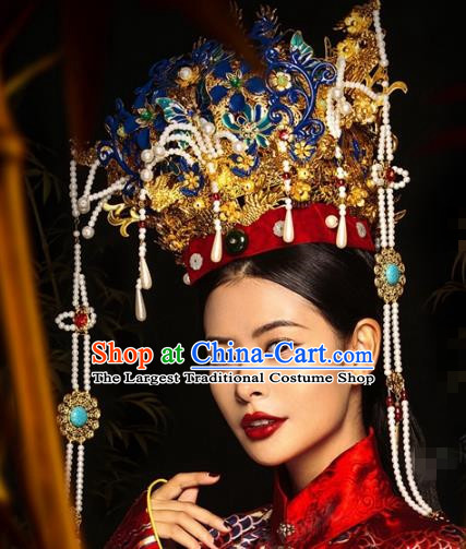 China Traditional Ming Dynasty Empress Blueing Hair Accessories Ancient Court Queen Tassel Phoenix Coronet Complete Set