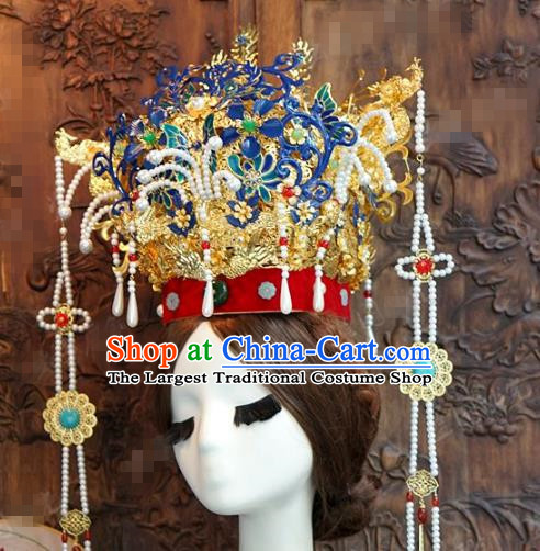 China Traditional Ming Dynasty Empress Blueing Hair Accessories Ancient Court Queen Tassel Phoenix Coronet Complete Set