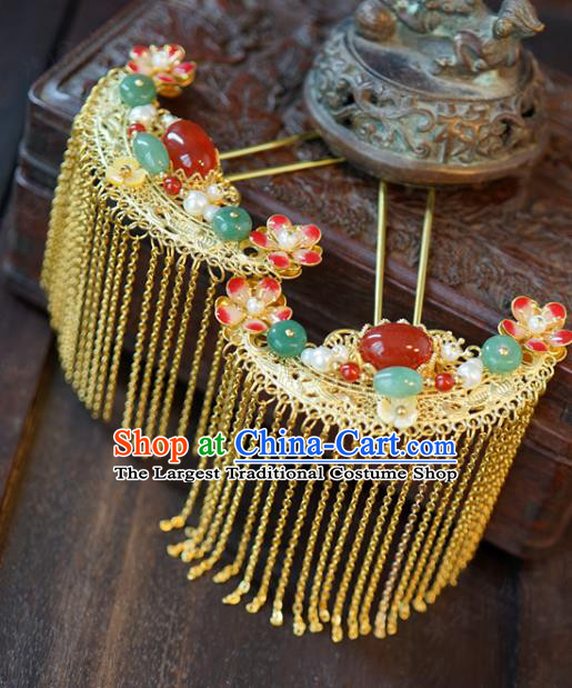 China Traditional Bride Golden Tassel Gems Hairpin Xiuhe Suit Hair Accessories Wedding Agate Hair Stick