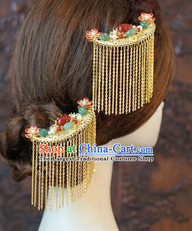 China Traditional Bride Golden Tassel Gems Hairpin Xiuhe Suit Hair Accessories Wedding Agate Hair Stick