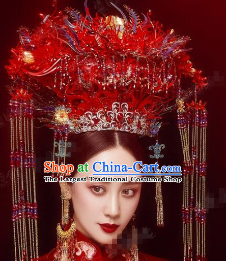 China Traditional Ancient Bride Hair Crown and Hairpins Earrings Wedding Hair Accessories Deluxe Red Phoenix Coronet Full Set