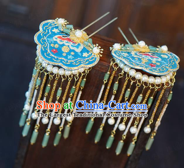 China Palace Blue Embroidered Hairpin Wedding Jade Tassel Step Shake Traditional Xiuhe Suit Hair Accessories