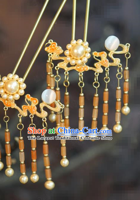 China Wedding Pearls Hairpin Traditional Xiuhe Suit Hair Accessories Ancient Bride Ceregat Tassel Hair Stick