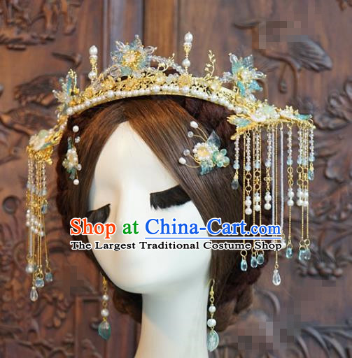 China Traditional Wedding Golden Hair Crown and Tassel Hairpins Ancient Bride Hair Accessories and Earrings Full Set