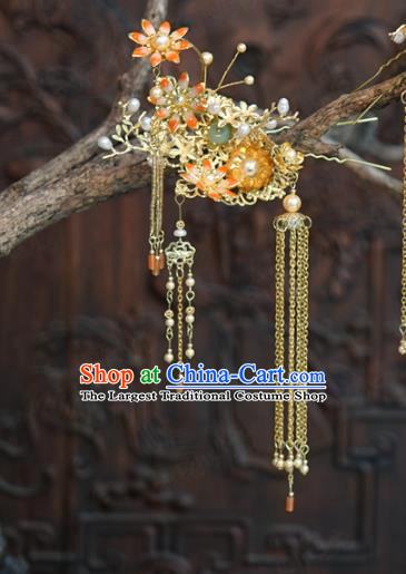 China Ancient Qing Dynasty Long Tassel Hair Stick Traditional Xiuhe Suit Hair Accessories Wedding Bride Flowers Hairpin