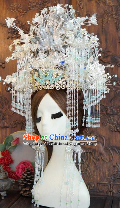 China Wedding Argent Phoenix Coronet Traditional Hair Accessories Complete Set Ancient Bride Deluxe Butterfly Hair Crown and Earrings