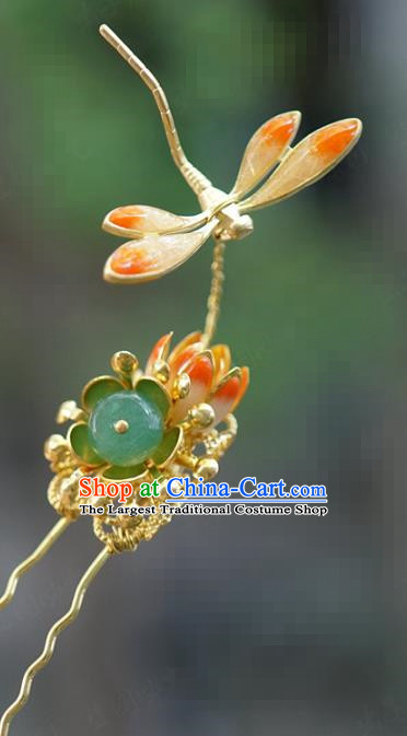 China Ancient Qing Dynasty Enamel Dragonfly Hair Stick Traditional Xiuhe Suit Hair Accessories Wedding Bride Jade Hairpin