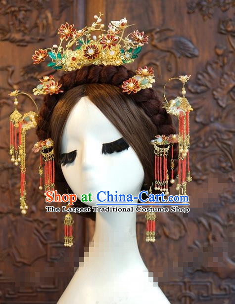 China Ancient Bride Red Lotus Hair Crown and Tassel Hairpins Traditional Hanfu Court Woman Hair Accessories