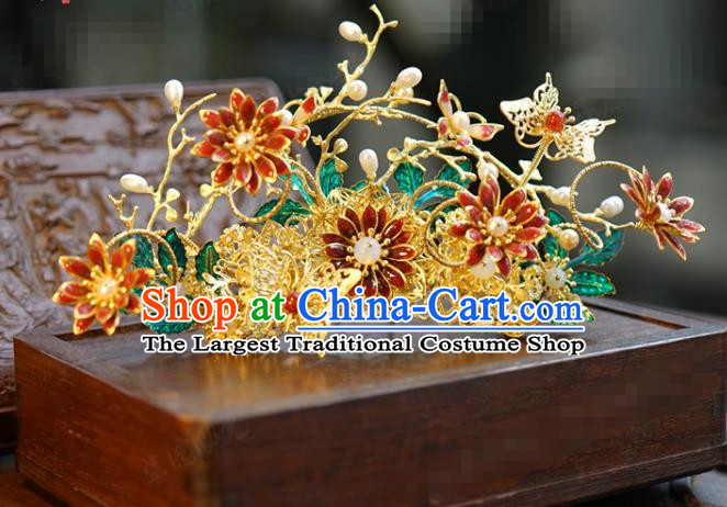 China Ancient Queen Red Flowers Hair Crown Traditional Xiuhe Suit Hair Accessories Wedding Bride Hairpin