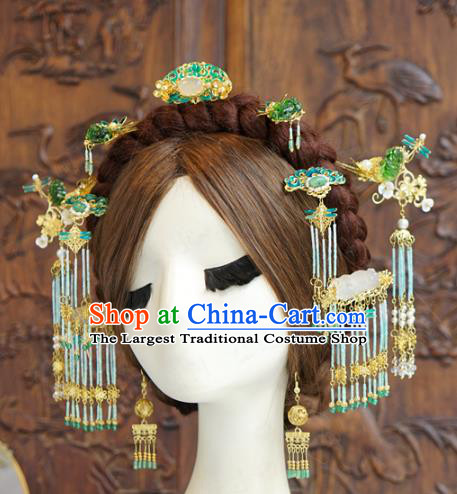 China Ancient Bride Blueing Hair Crown and Tassel Hairpins Traditional Wedding Hair Accessories Full Set