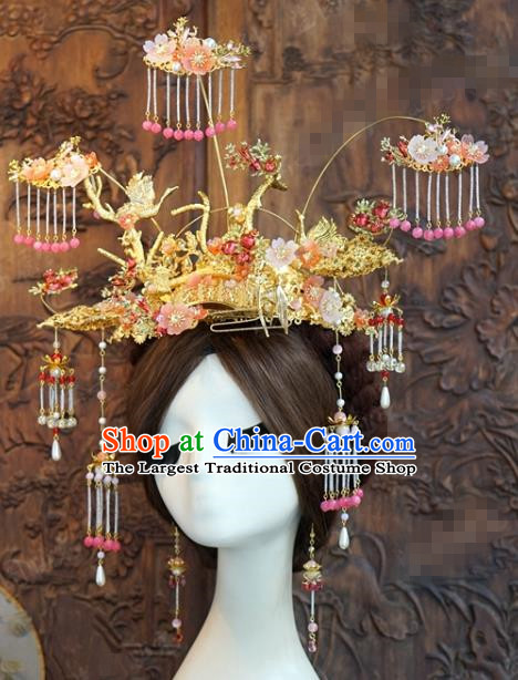 China Traditional Wedding Pink Beads Tassel Phoenix Coronet Hairpins Ancient Bride Hair Accessories Headwear