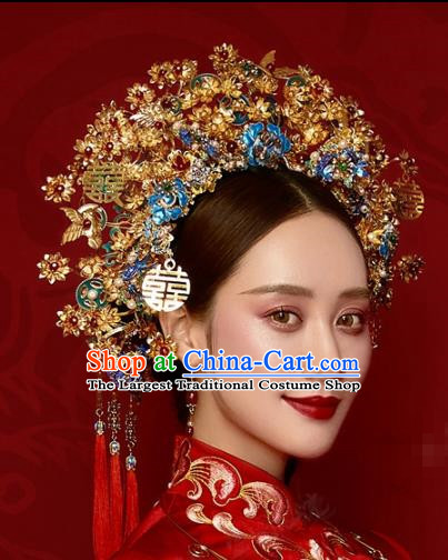 China Wedding Blueing Hair Crown Headwear Ancient Bride Phoenix Coronet Traditional Hair Accessories