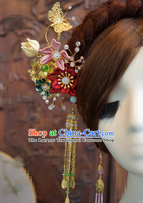 China Wedding Bride Silk Flowers Tassel Hairpin Traditional Hanfu Palace Hair Stick Xiuhe Suit Hair Accessories
