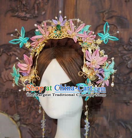 China Wedding Silk Flowers Hair Crown Traditional Hair Accessories Ancient Bride Hairpins