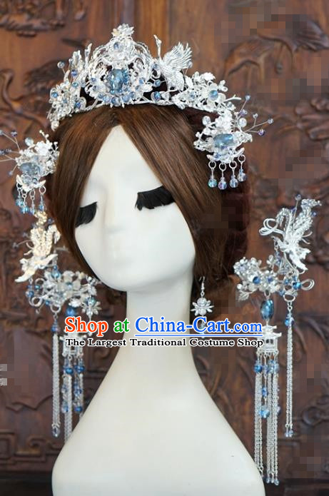 China Ancient Queen Phoenix Coronet Traditional Hair Accessories Wedding Argent Hair Crown Hairpins Complete Set