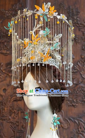 China Traditional Wedding Argent Phoenix Coronet Ancient Queen Tassel Hair Crown Full Set