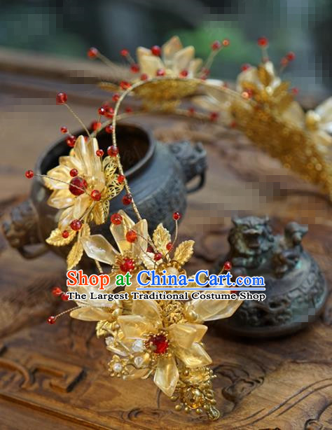 China Ancient Princess Hair Crown Traditional Xiuhe Suit Hair Accessories Wedding Bride Golden Hair Clasp