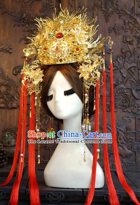 China Traditional Empress Golden Hair Crown Wedding Hanfu Luxury Hair Accessories Ancient Queen Red Tassel Phoenix Coronet