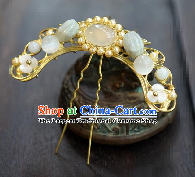 China Traditional White Chalcedony Hair Accessories Wedding Xiuhe Suit Headpieces Ancient Bride Hair Combs and Hairpins